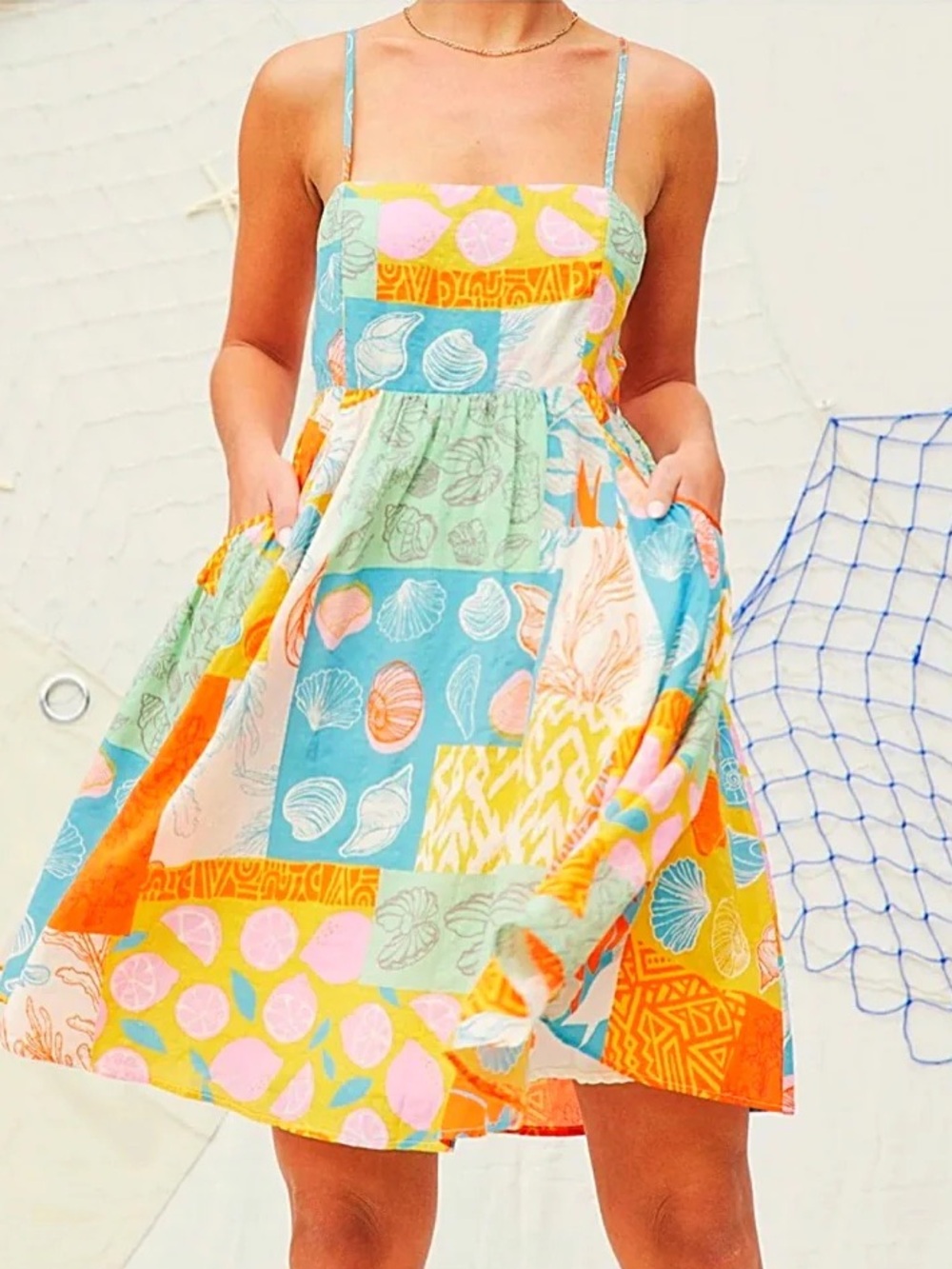 Summer Patchwork Shell Print Spaghetti Strap Dress - Multicolor